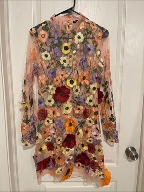 Finesse Sheer Floral Embroidered Dress in Peach, Red, Lavender, Yellow